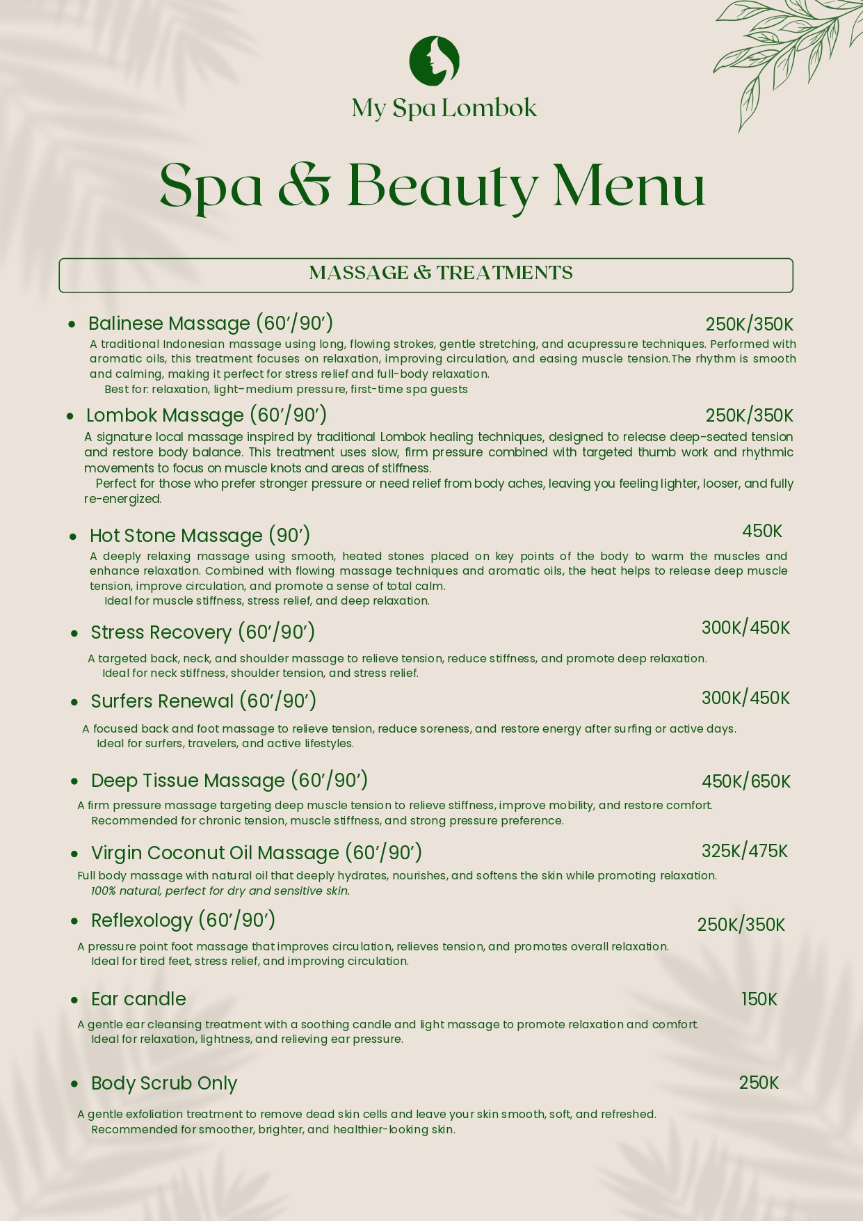 Special spa package deals and couple treatment menu at MY SPA LOMBOK Kuta Mandalika